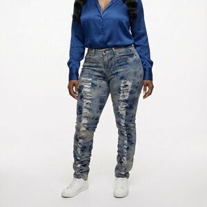 EUC-Distressed stone-washed jeans